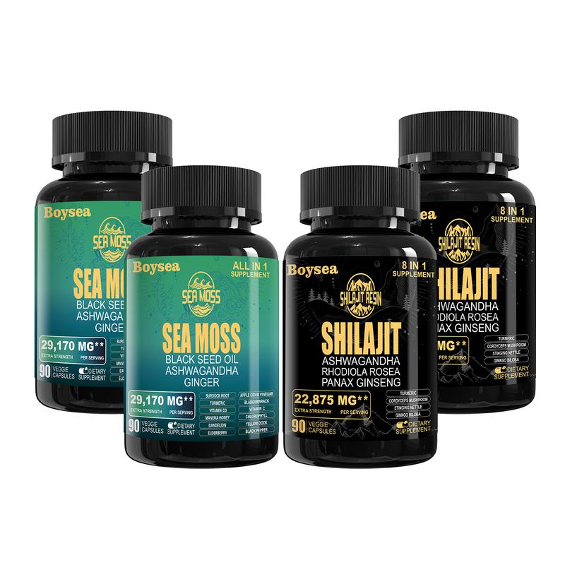 Boysea Sea Moss Multivitamin & Shilajit Power Combo - 90 Count - Seamoss 7000Mg, Black Seed Oil 4000Mg, Ashwagandha 2000Mg, Ginger & Shilajit 9000Mg, Rhodiola Rosea 1000Mg, All in 1 Supplements