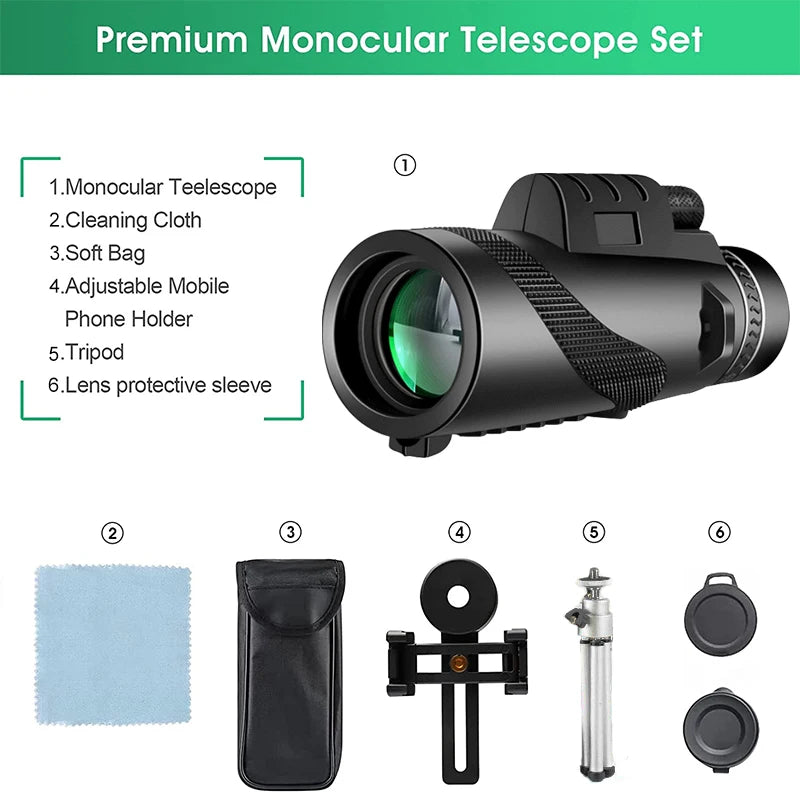 "80X100 HD Zoom Monocular Telescope - Powerful Long Range Binoculars for Hunting & Camping with Tripod & Phone Clip!"