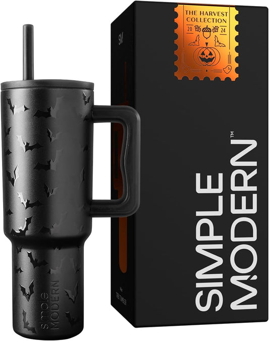 Halloween 40 Oz Tumbler with Handle and Straw Lid | Leak-Proof Insulated Stainless Steel Water Bottle Travel Mug | Gifts for Women Men Him Her | Trek Signature | Spooky Bats