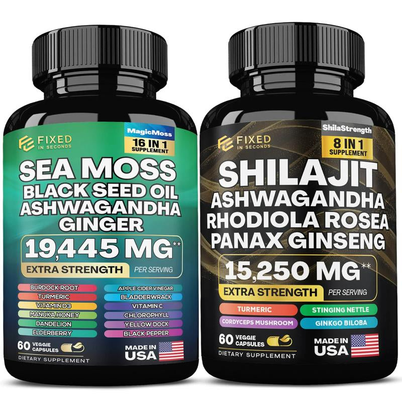 Ultimate Vitality Boost Duo: Sea Moss& Shilajit Power Supplements – Made in US and Certified by Switlab to Improves Performance, Enhances Power, Provides Energy Edible Fitness Healthcare Dietary