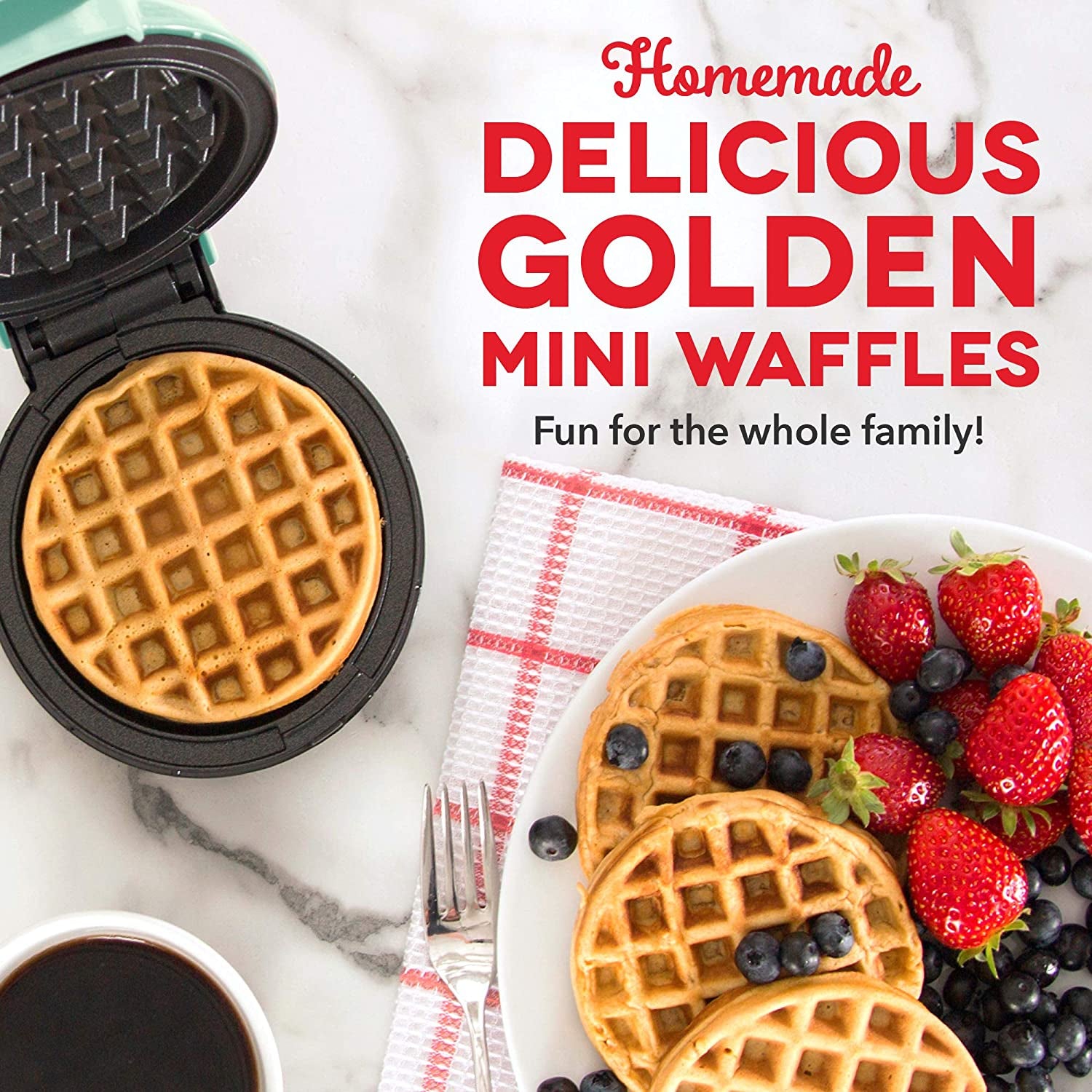 Mini Waffle Maker - 4” Waffle Mold, Nonstick Waffle Iron with Quick Heat-Up, PTFE Nonstick Surface - Perfect Mini Waffle Maker for Kids and Families, Just Add Batter (Aqua)