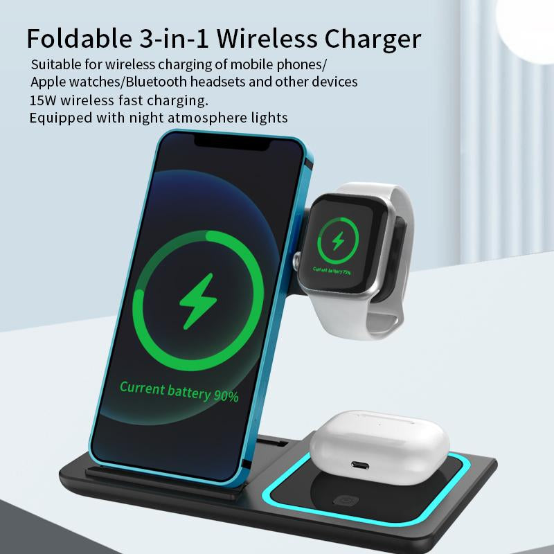 Foldable 3 in 1 Wireless FAST Charger 15W Stand for Iphone 15,14,13,12,11/Pro/Max/Mini/Plus, X, XR, Xs/Max, Se,8/Plus, Suitable for Iwatch 1-9, Airpods 3/2/Pro - Compact, Stylish & Effortless Charging Solution