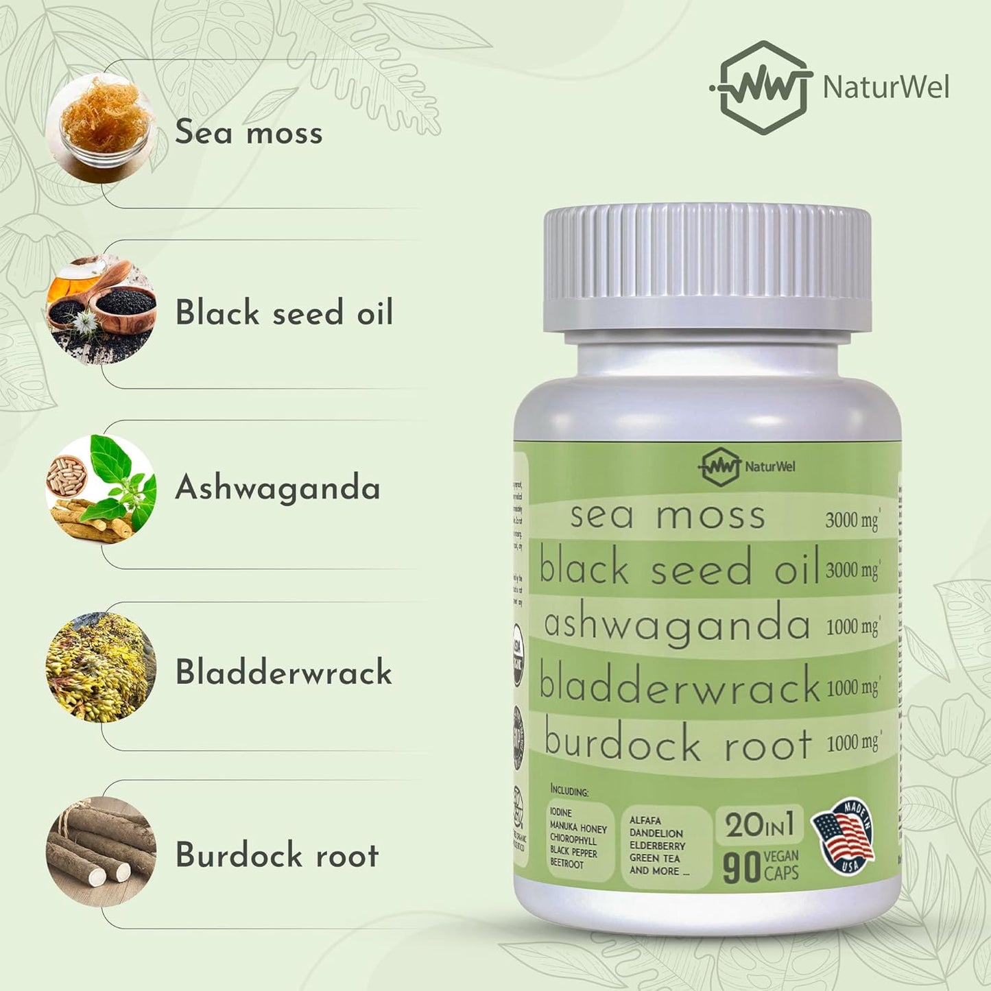 Black Seed Oil 3000Mg Sea Moss 3000Mg Ashwagandha 1000Mg Turmeric 1000Mg Burdock 1000Mg Bladderwrack 1000Mg & Elderberry Manuka Chlorophyll Dandelion Yellow Dock - (90 Capsules Pack of 1)