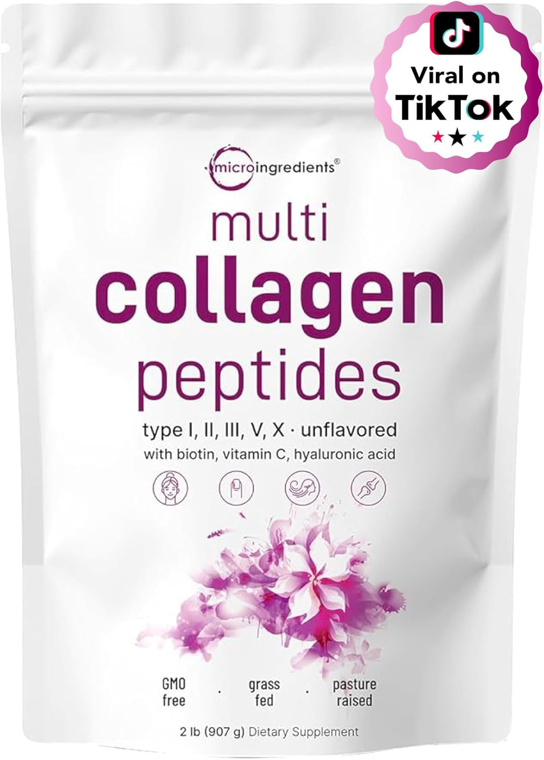 Multi Collagen Protein Powder, 2 Pounds – Type I,II,III,V,X with Biotin, Hyaluronic Acid, Vitamin C – Unflavored Collagen Peptides – Keto & Paleo Friendly, Easy Dissolve, Non-Gmo