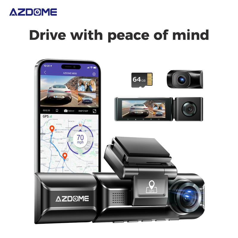 AZDOME M550 3 Channel Dash Cam, 4K+1080P Dash Cam Front and Rear, 4K Dashcam with Wifi & GPS, Free 64GB Card Max up Support to 256GB, 24H Parking Mode IR Night Vision WDR 3.19" IPS