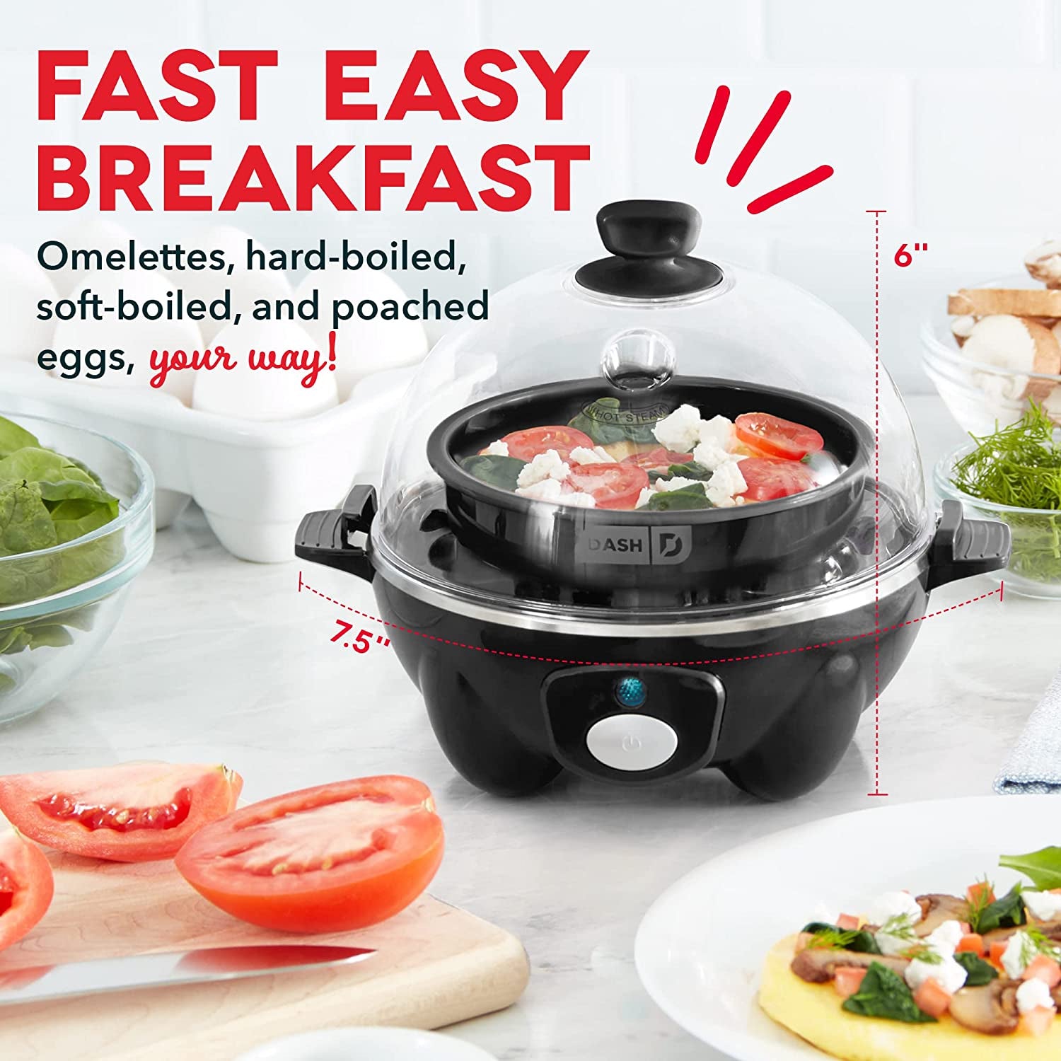 Rapid Egg Cooker: 6 Egg Capacity Electric Egg Cooker for Hard Boiled Eggs, Poached Eggs, Scrambled Eggs, or Omelets with Auto Shut off Feature - Black