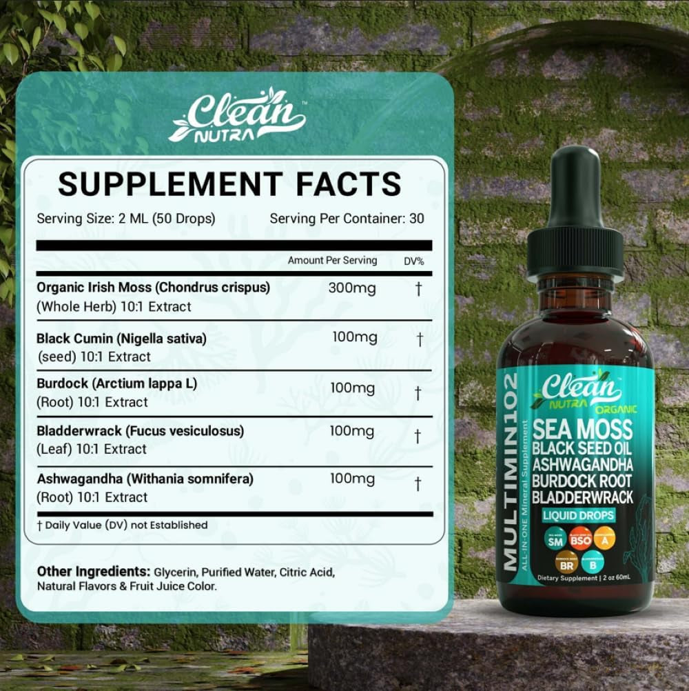 Sea Moss Liquid Drops Supplement with Black Seed Oil Ashwagandha Burdock Root & Bladderwrack - Multimineral Organic Non-Gmo Vegan for Gut Heath Skin Immune Support Hair