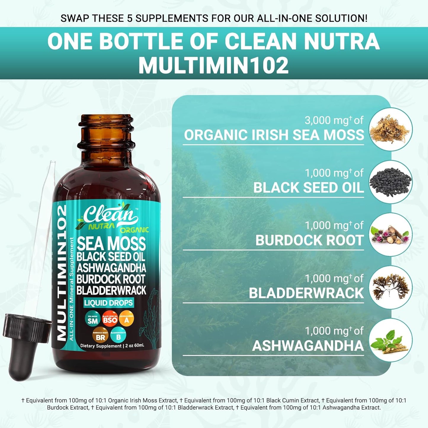 Sea Moss Liquid Drops Supplement with Black Seed Oil Ashwagandha Burdock Root & Bladderwrack - Multimineral Organic Non-Gmo Vegan for Gut Heath Skin Immune Support Hair