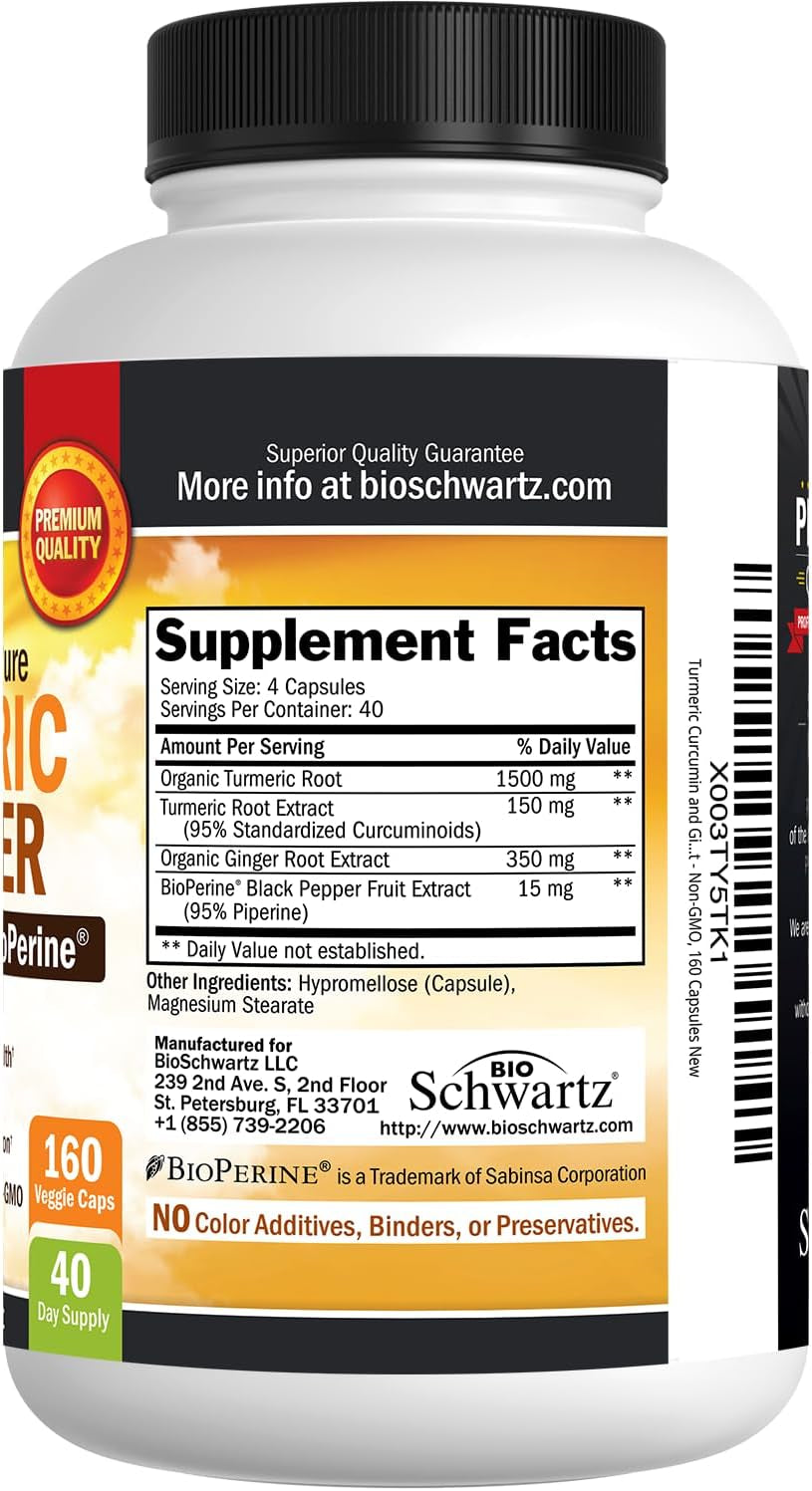 Turmeric Curcumin and Ginger 2000Mg with Bioperine for Maximum Absorption, 95% Standardized Curcuminoids Natural Turmeric Supplement for Joint & Immune Support - Gluten-Free, No-Gmo, 160 Capsules