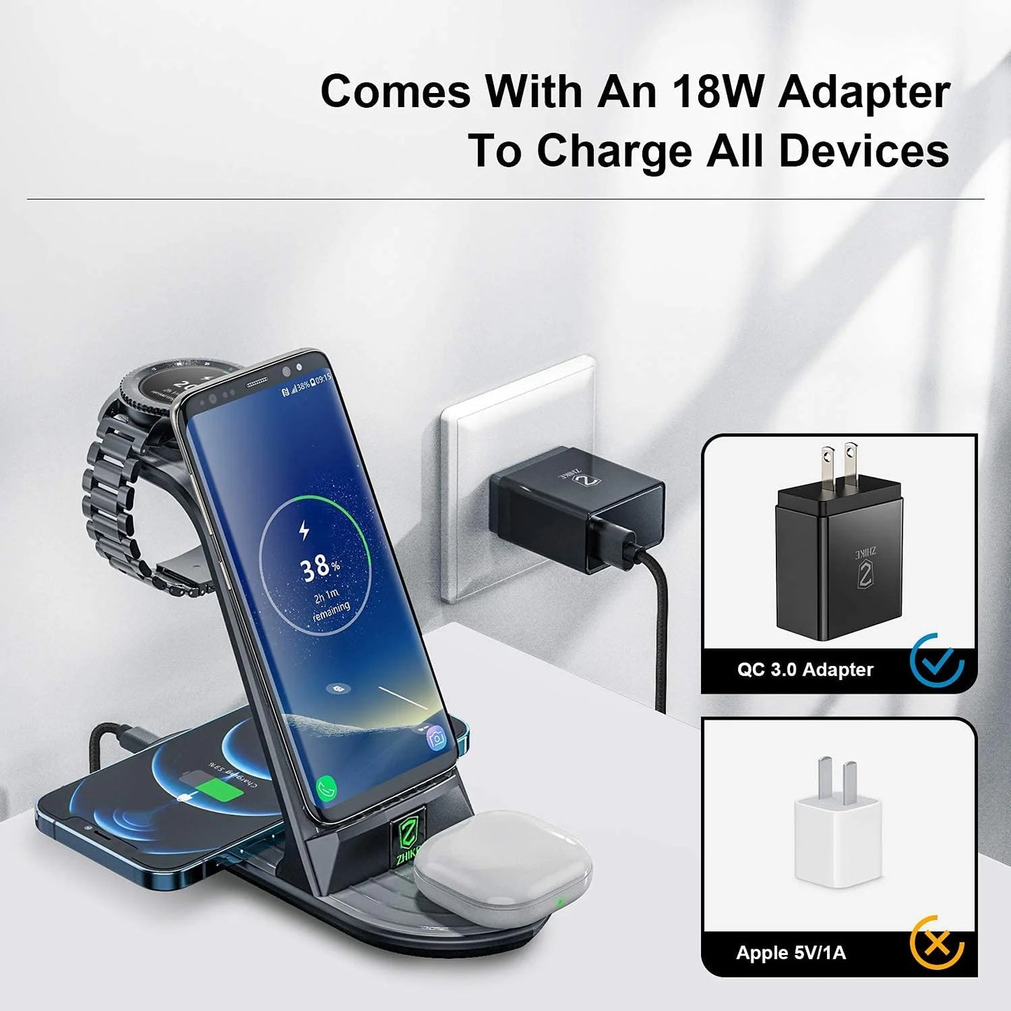 "ZHIKE 4-in-1 Wireless Charging Station - 20W Fast Charger for Galaxy Phone, Watch & Buds!"