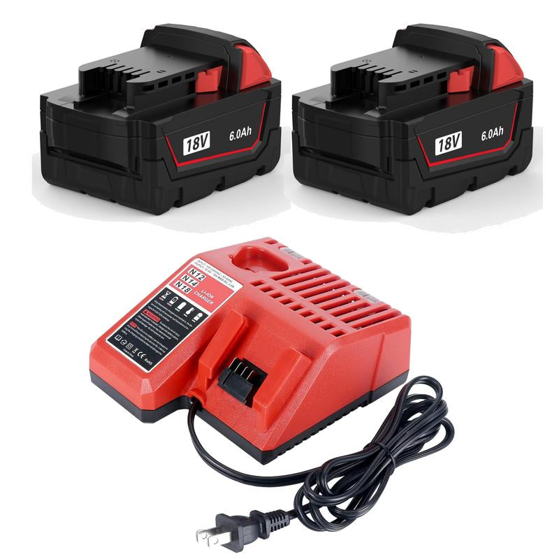 2Pcs and Charger 18V 6.0Ah Battery M18, for All Milwaukee M18 Battery 4811-1850 4811-1820 4811-1840 M18 M18B XC Cordless Power Tools 18V Lithium Battery +1* Charger