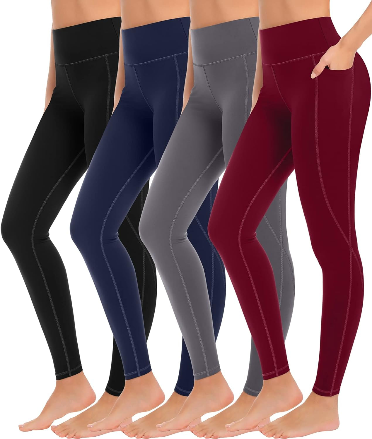 4 Pack Yoga Leggings with Pockets for Women - High Waist Tummy Control Pants for Workout