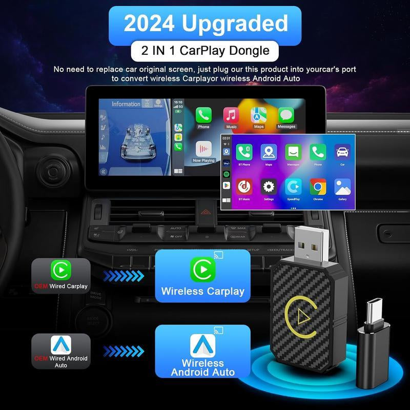 2-In-1 Android Car Wireless & Carplay Wireless Adapter, Switch from Wired to Wireless, Dongle for Cars with AA & Carplay, USB C/A, Plug and Play, Sturdy, Compatible with 98% Cars