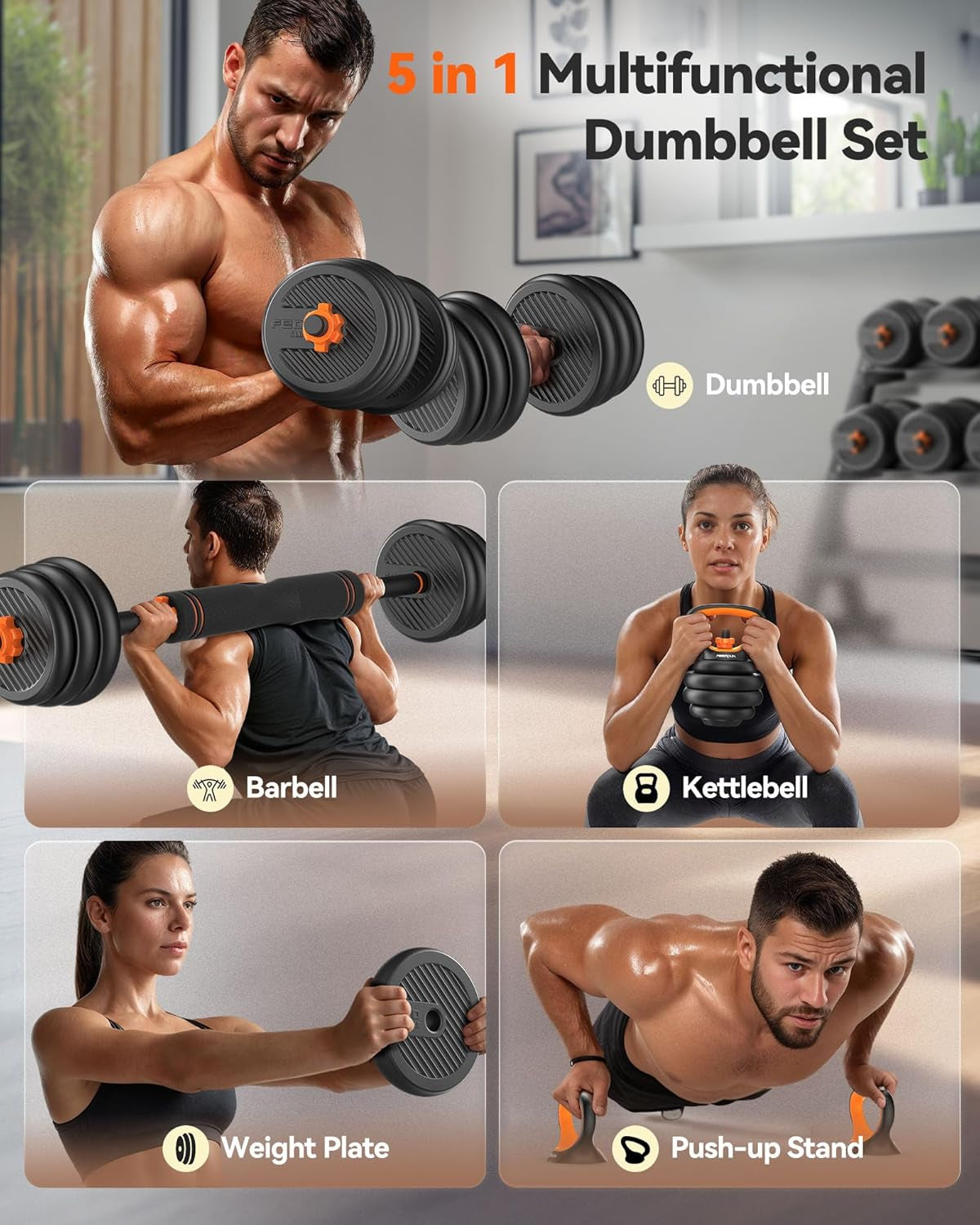 Adjustable Dumbbells, 20/30/40/50/60/70/90Lbs Free Weight Set with Connector, 4 In1 Dumbbells Set Used as Barbell, Kettlebells, Push up Stand, Fitness Exercises for Home Gym Suitable Men/Women