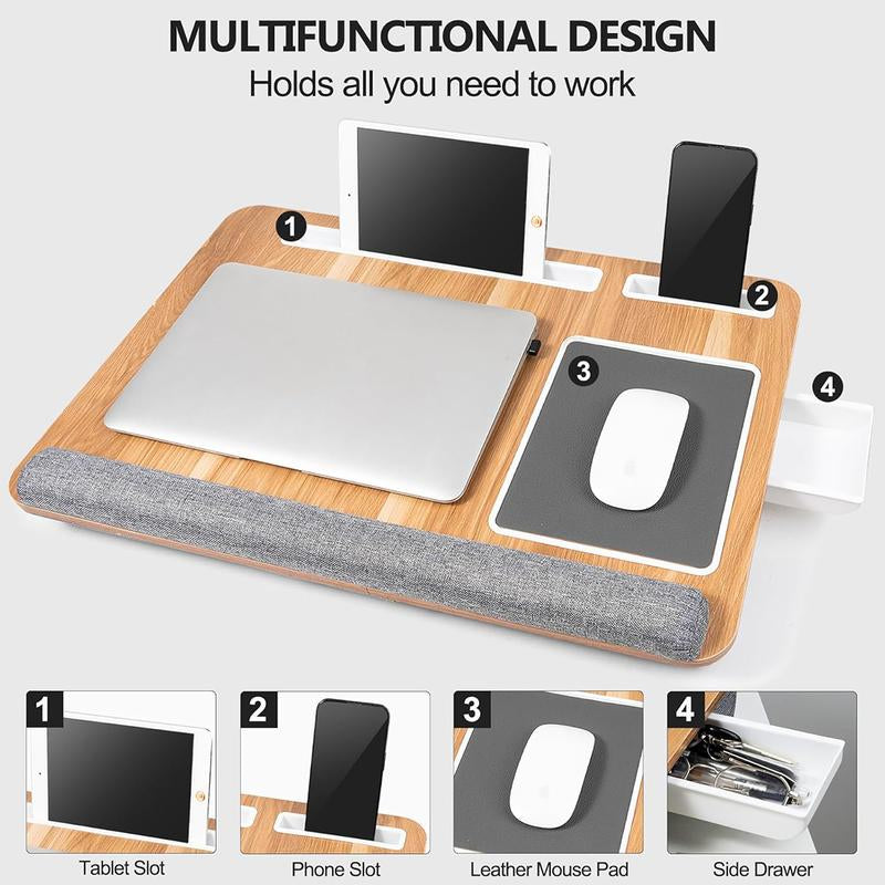 Lap Desk with Cushion, Lap Desk for up to 17 Inches Laptop, Built-In Wrist Rest, Mouse Pad, Tablet Phone Holder and Storage Drawer