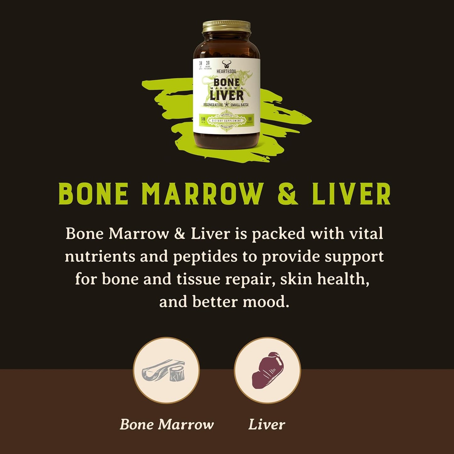 Grass-Fed Bone Marrow & Liver Supplement - Desiccated Organ Supplements to Enhance Mood, Bone, Joint, Tissue, & Skin Health - 180 Capsules