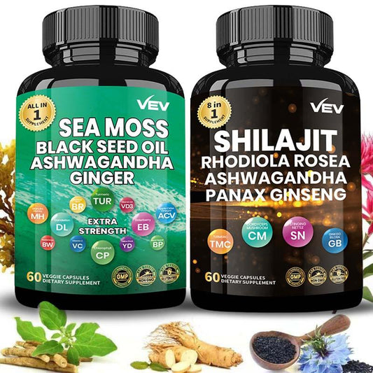 VEV Sea Moss, Shilajit, Black Seed Oil, Turmeric, Multi Minerals, Ashwagandha, Burdock Root, Vitamin C -60 Capsules Healthcare Dietary Supplements