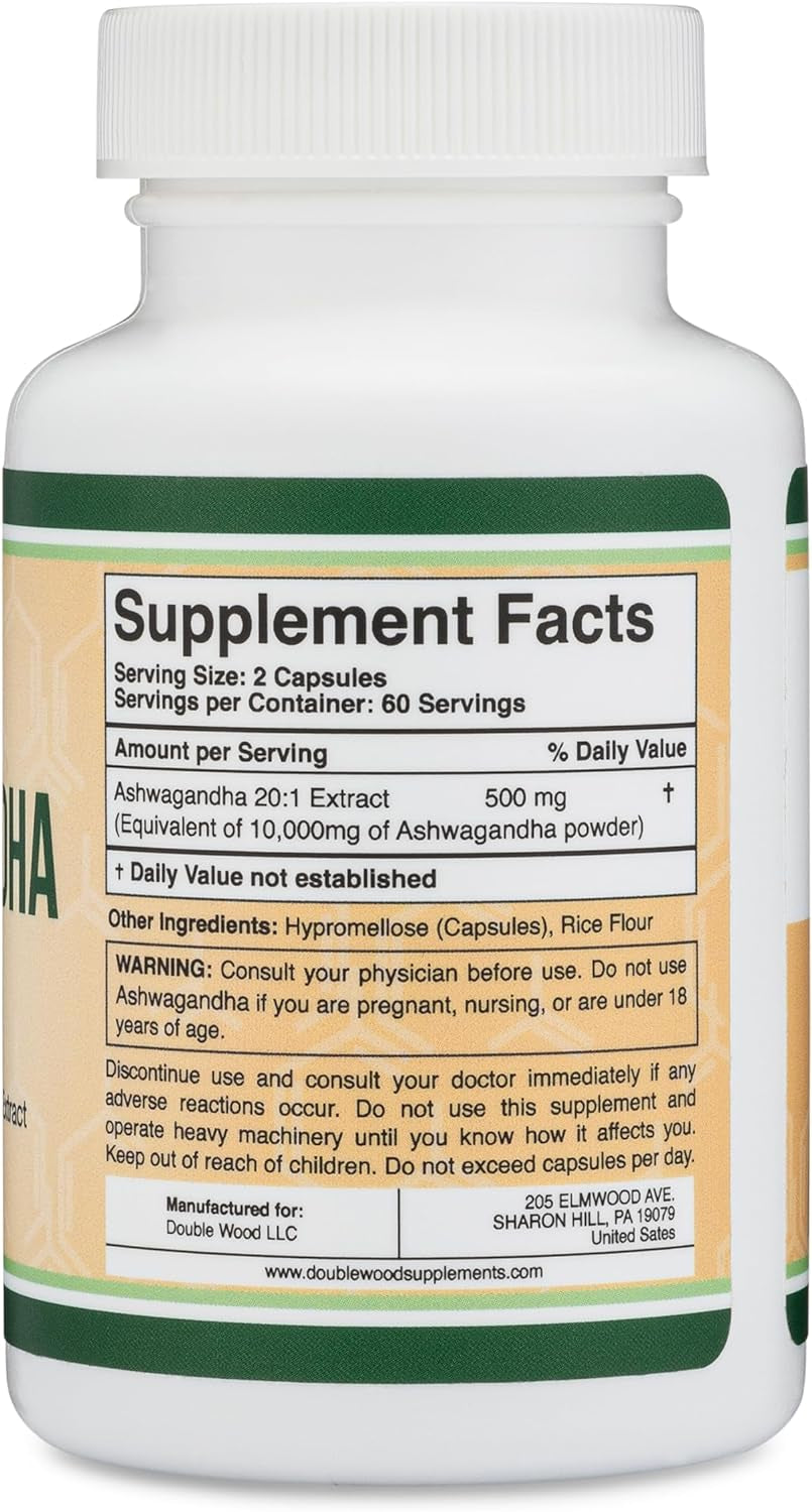 Ashwagandha Capsules, 120 Count (500Mg Extract 20:1 Potency, Equivalent to 10,000Mg Powder) Adaptogen Stress Relief by Double Wood