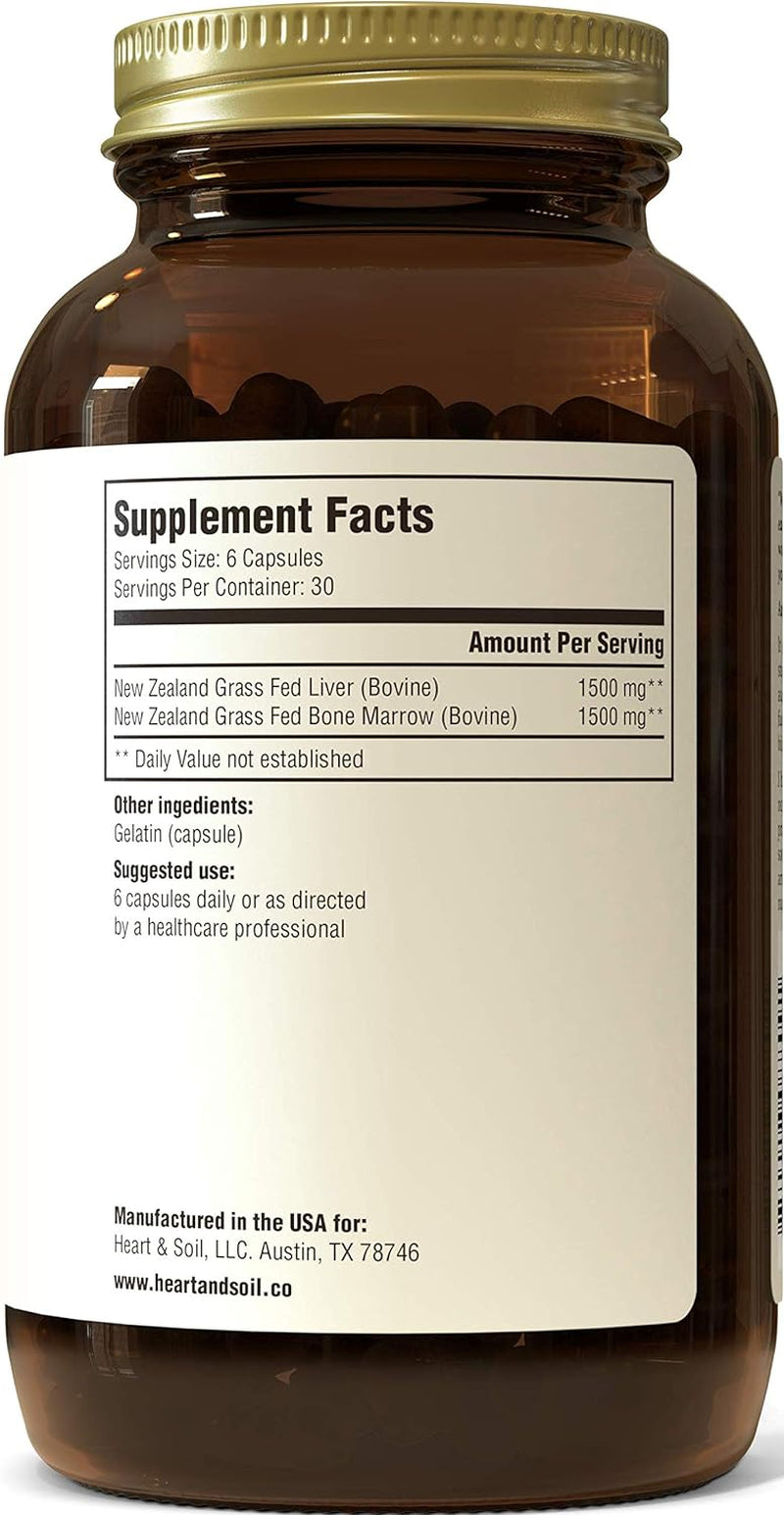 Grass-Fed Bone Marrow & Liver Supplement - Desiccated Organ Supplements to Enhance Mood, Bone, Joint, Tissue, & Skin Health - 180 Capsules