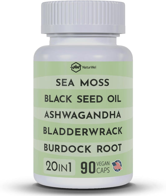 Black Seed Oil 3000Mg Sea Moss 3000Mg Ashwagandha 1000Mg Turmeric 1000Mg Burdock 1000Mg Bladderwrack 1000Mg & Elderberry Manuka Chlorophyll Dandelion Yellow Dock - (90 Capsules Pack of 1)