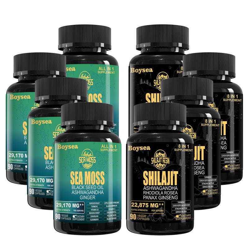 Boysea Sea Moss Multivitamin & Shilajit Power Combo - 90 Count - Seamoss 7000Mg, Black Seed Oil 4000Mg, Ashwagandha 2000Mg, Ginger & Shilajit 9000Mg, Rhodiola Rosea 1000Mg, All in 1 Supplements