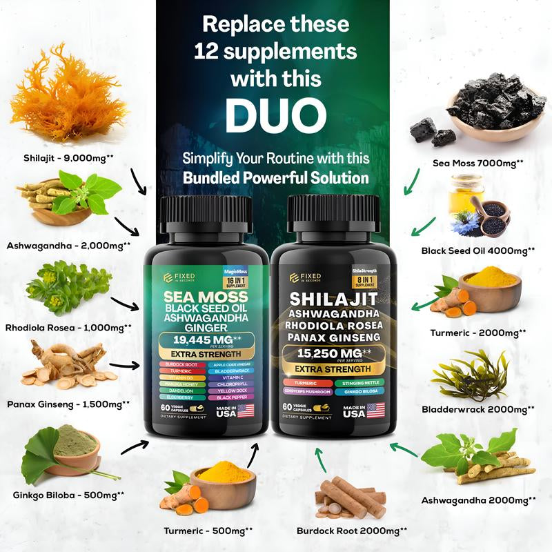 Ultimate Vitality Boost Duo: Sea Moss& Shilajit Power Supplements – Made in US and Certified by Switlab to Improves Performance, Enhances Power, Provides Energy Edible Fitness Healthcare Dietary