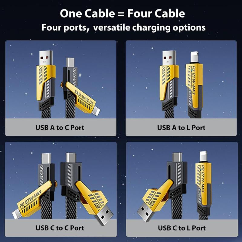 Dual Head Type-C Data USB 4-In-1 PD 65W Fast Charging Cable for Iphone15/14/13/12/11 Pro Max/Xs Max/Xr/Xs/X/8/Ipad/Xiaomi/Honor/Vivo/Samsung/Oppo Notebook Phone Smartphone Cellphone Charger - Android Devices Durable Electronic Mobile