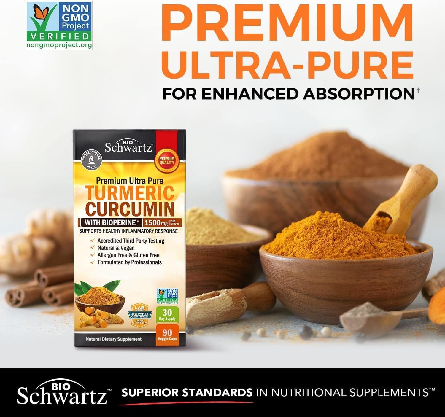 Turmeric Curcumin with Black Pepper Extract 1500Mg - High Absorption Ultra Potent Turmeric Supplement with 95% Curcuminoids and Bioperine - Non GMO Turmeric Capsules for Joint Support - 90 Capsules