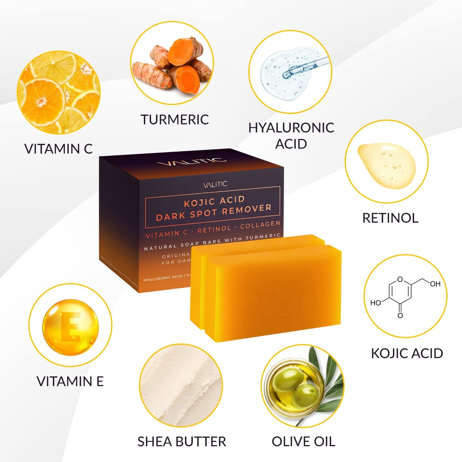 Kojic Acid Dark Spot Remover Soap Bars with Vitamin C, Retinol, Collagen, Turmeric - Original Japanese Complex Infused with Hyaluronic Acid, Vitamin E, Shea Butter, Castile Olive Oil (2 Pack)