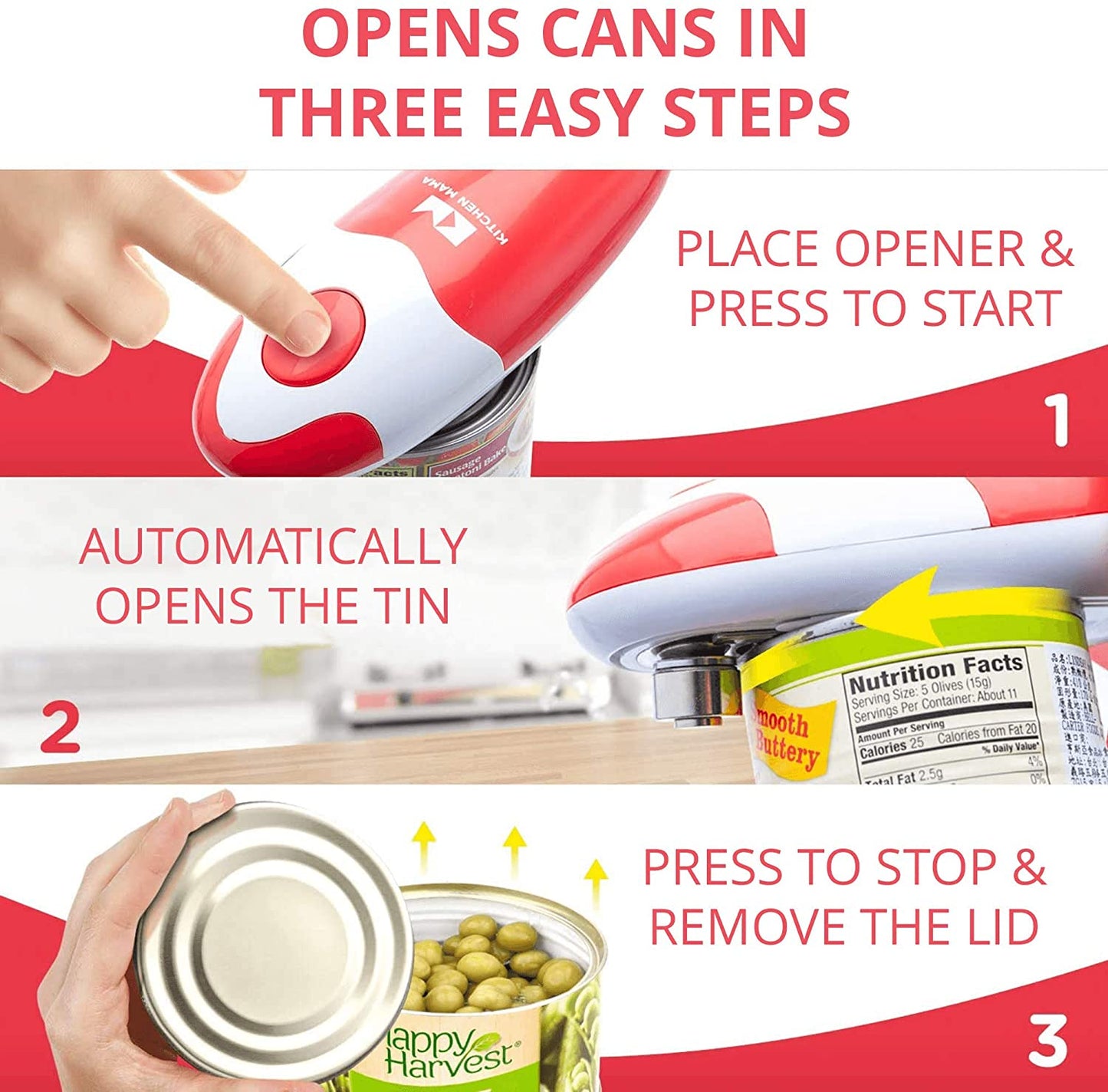 Auto Electric Can Opener: Open Your Cans with a Simple Press of Button - Automatic, Hands Free, Smooth Edge, Food-Safe, Battery Operated, YES YOU CAN (Red)