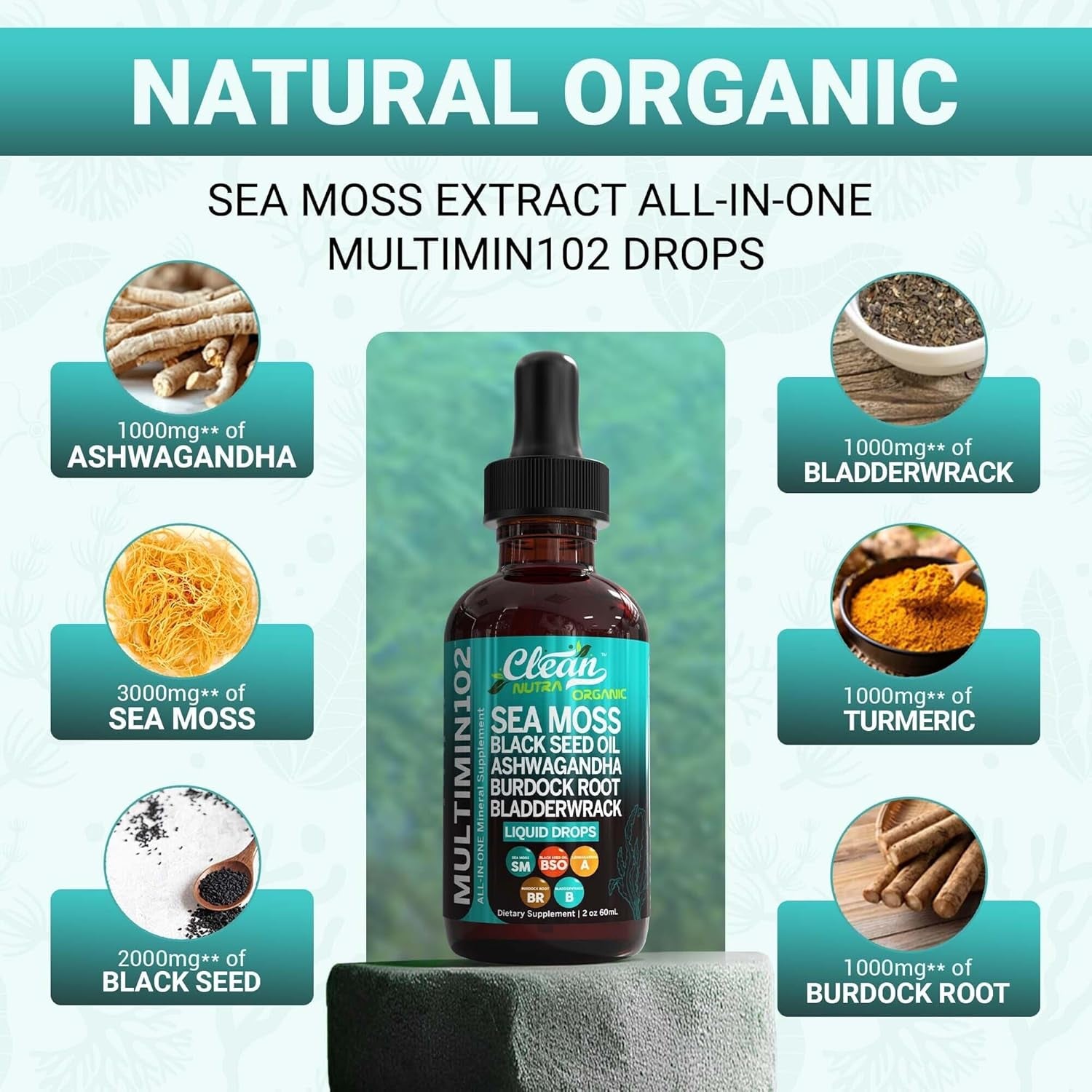 Sea Moss Liquid Drops Supplement with Black Seed Oil Ashwagandha Burdock Root & Bladderwrack - Multimineral Organic Non-Gmo Vegan for Gut Heath Skin Immune Support Hair