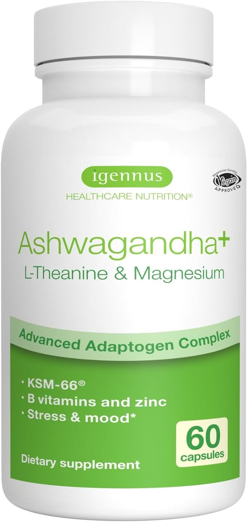 Advanced Ashwagandha KSM-66, L-Theanine & Magnesium, Clean Label, Multi Action Adaptogen Complex for Stress Support with Zinc & B Vitamins, 60 Vegan Capsules, by Igennus