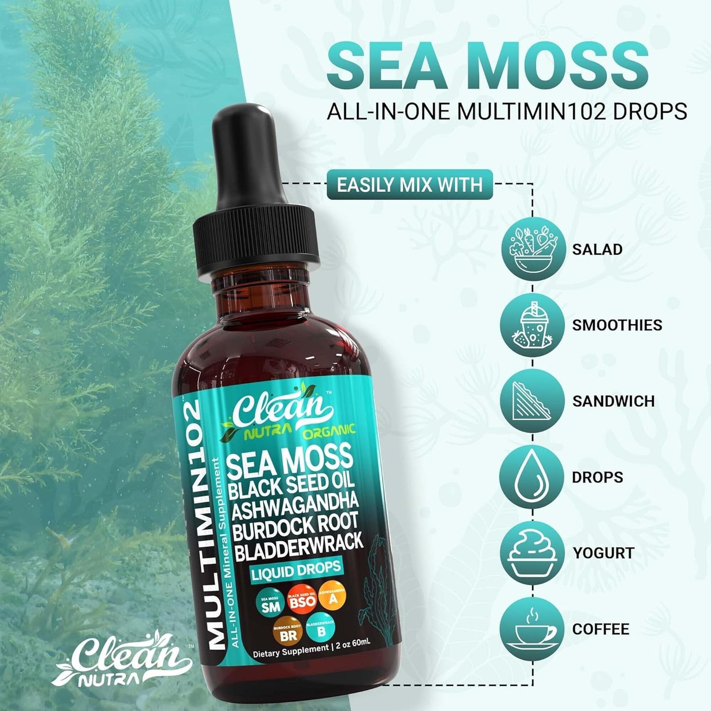 Sea Moss Liquid Drops Supplement with Black Seed Oil Ashwagandha Burdock Root & Bladderwrack - Multimineral Organic Non-Gmo Vegan for Gut Heath Skin Immune Support Hair