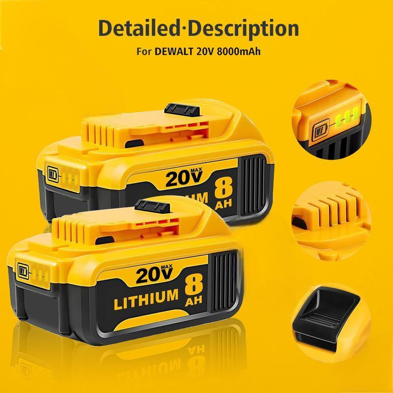 DCB200 8.0Ah Lithium Battery Replacement for Dewalt 20V Battery Max XR Cordless Tools DCB180 DCB206 DCB206-2 DCB200 DCB204 DCB204BT-2 DCB203 DCB201 DCB207