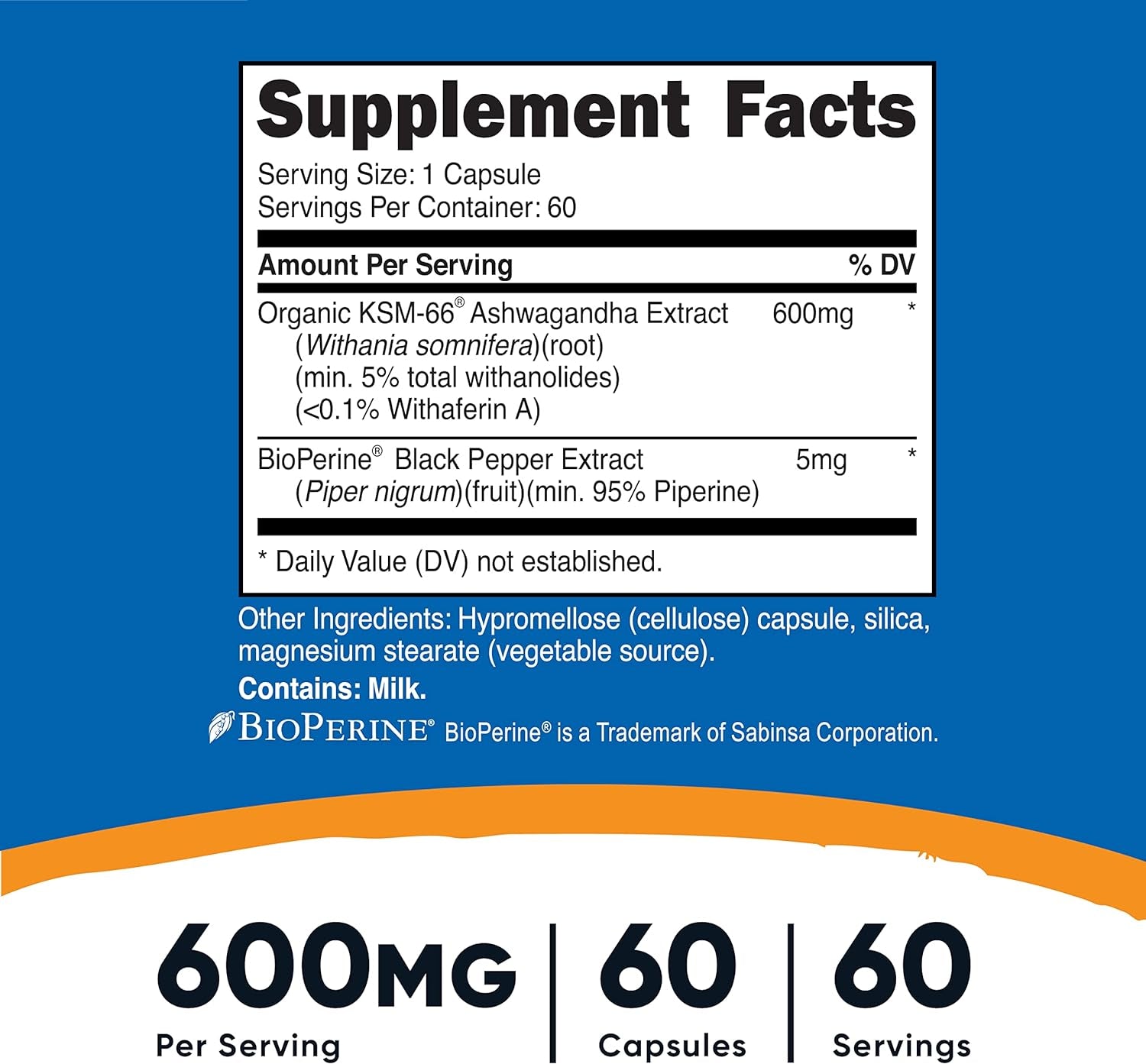 KSM-66 Ashwagandha Root Extract 600Mg, 60 Veggie Caps - 5% Withanolides - with Bioperine - Full-Spectrum Root Extract