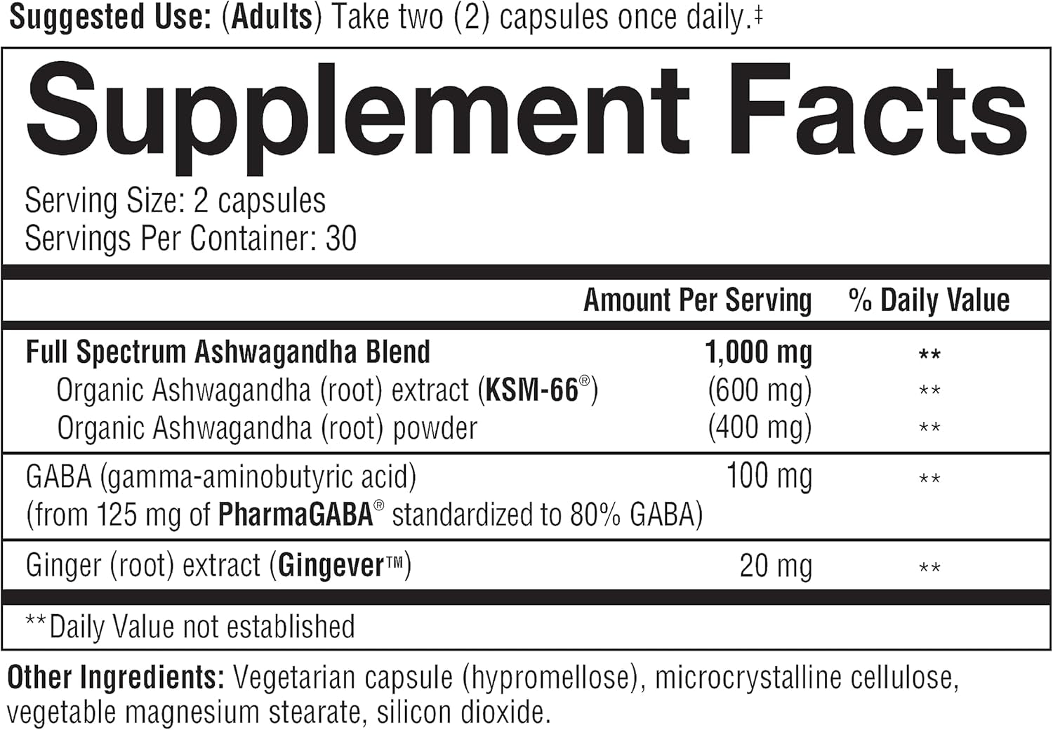 Ashwagandha + GABA - 1,000 Mg Ashwagandha & 100 Mg GABA - Cortisol, Stress & Memory Support Supplement - 60 Vegetarian Capsules