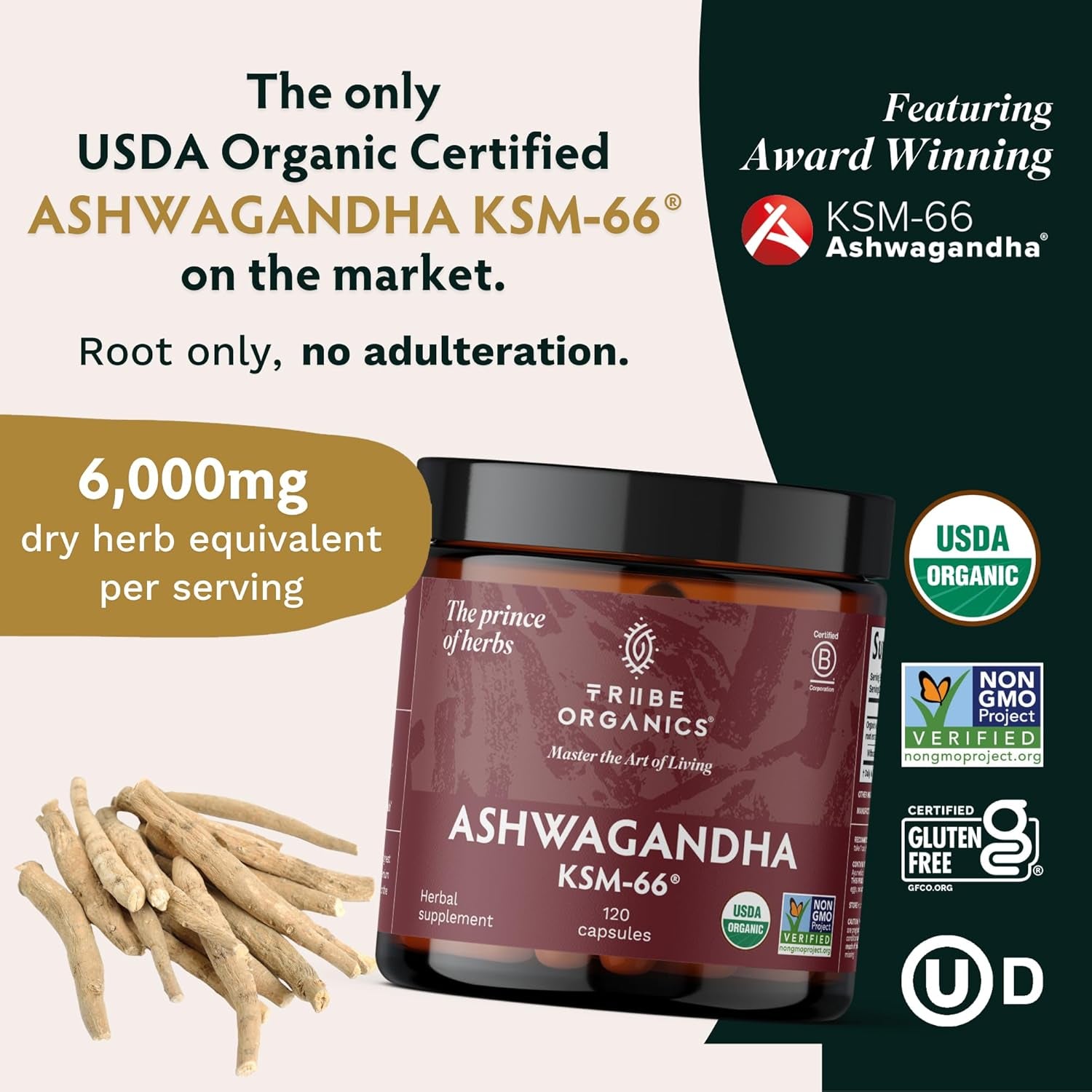 Ashwagandha KSM 66 Pure Organic Root Powder Extract Ayurvedic Supplement - Focus, Mood Support, Increase Energy, Strength, 600Mg of Natural KSM66 for Superior Absorption - 120 Capsules