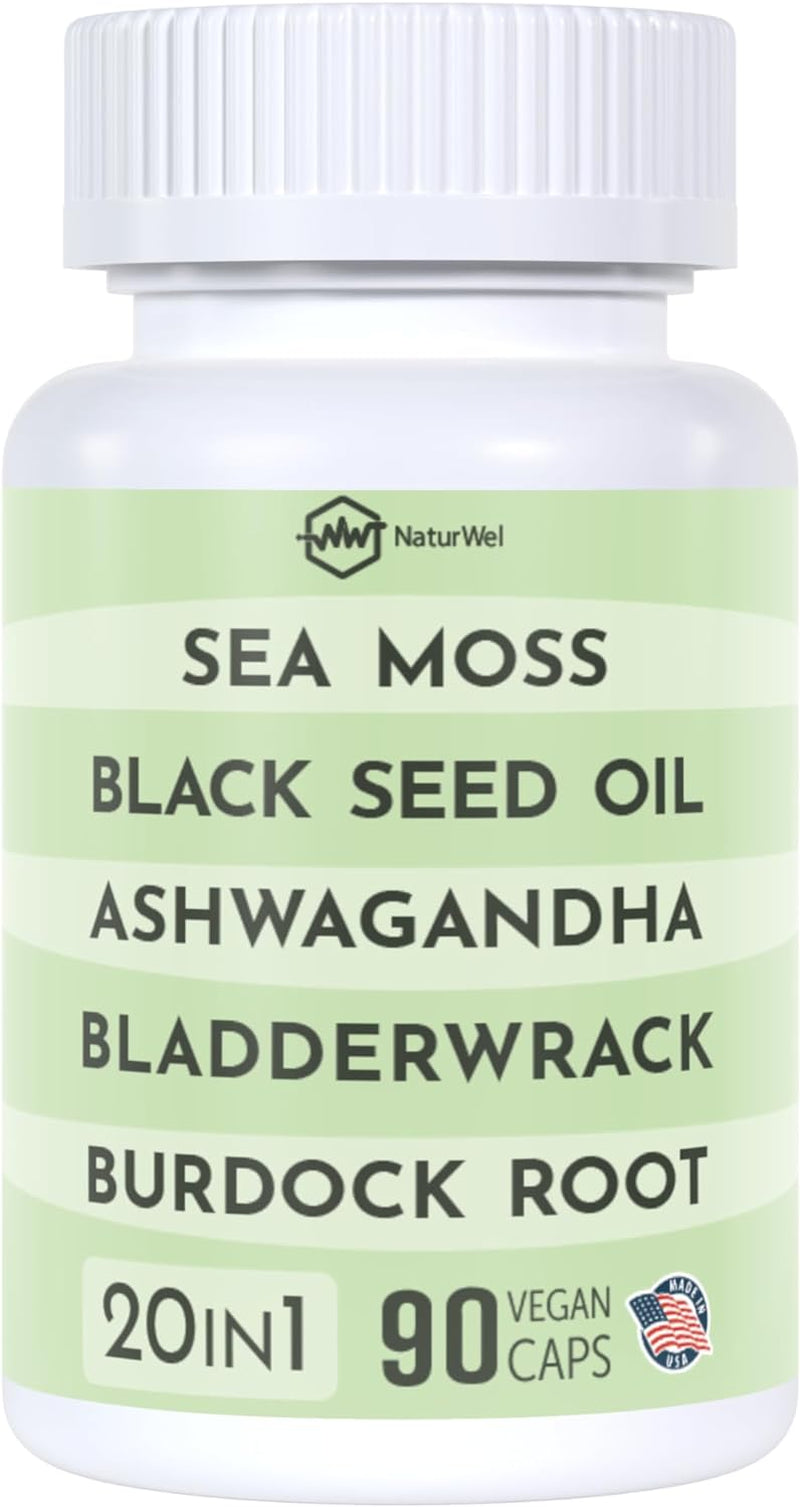 Black Seed Oil 3000Mg Sea Moss 3000Mg Ashwagandha 1000Mg Turmeric 1000Mg Burdock 1000Mg Bladderwrack 1000Mg & Elderberry Manuka Chlorophyll Dandelion Yellow Dock - (90 Capsules Pack of 1)