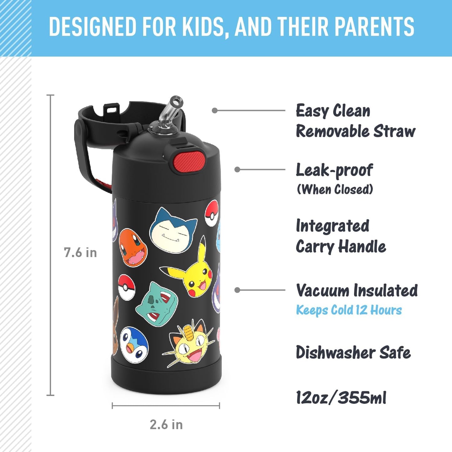 FUNTAINER Water Bottle with Straw - 12 Ounce, Pokémon - Kids Stainless Steel Vacuum Insulated Water Bottle with Lid