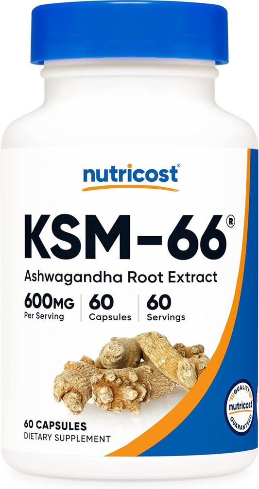 KSM-66 Ashwagandha Root Extract 600Mg, 60 Veggie Caps - 5% Withanolides - with Bioperine - Full-Spectrum Root Extract