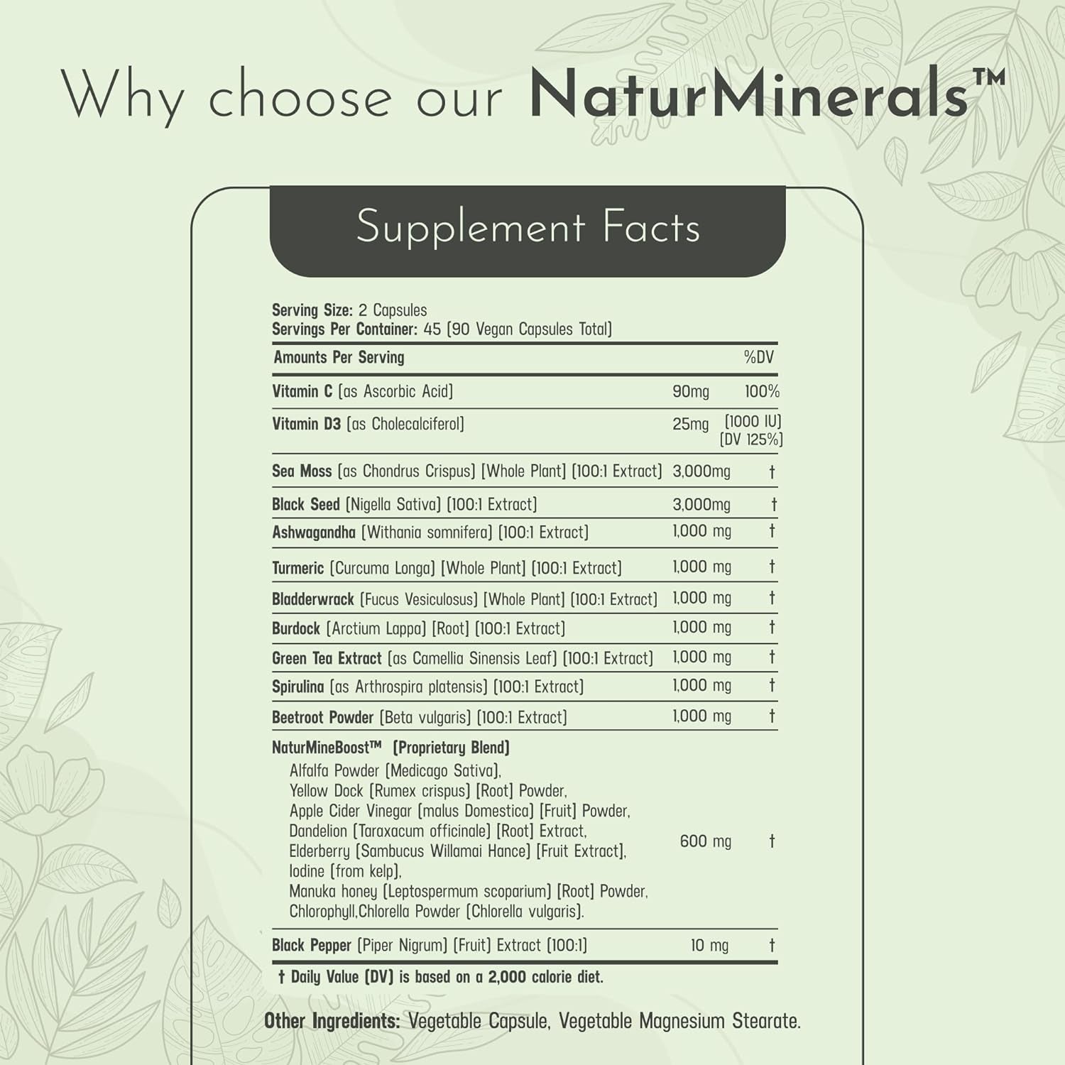 Black Seed Oil 3000Mg Sea Moss 3000Mg Ashwagandha 1000Mg Turmeric 1000Mg Burdock 1000Mg Bladderwrack 1000Mg & Elderberry Manuka Chlorophyll Dandelion Yellow Dock - (90 Capsules Pack of 1)