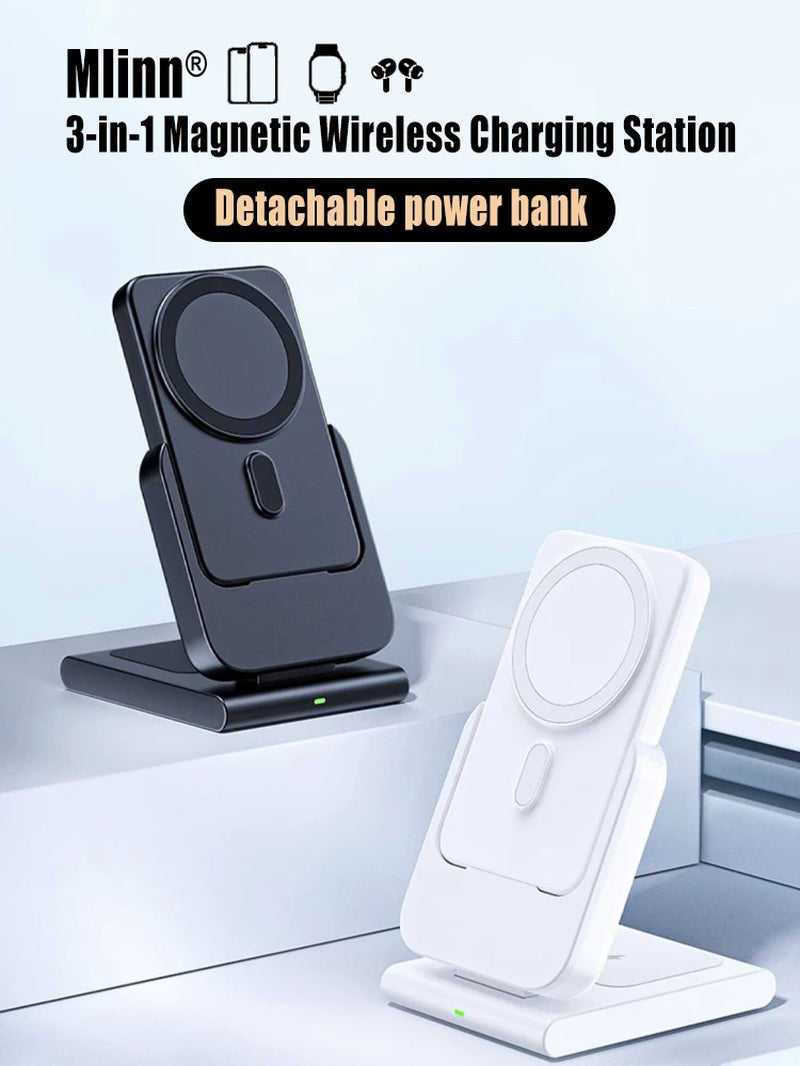 "Ultimate 3-in-1 Wireless Magnetic Charging Station - Fast, Foldable Power Bank for MagSafe iPhone 15/14/13/12!"