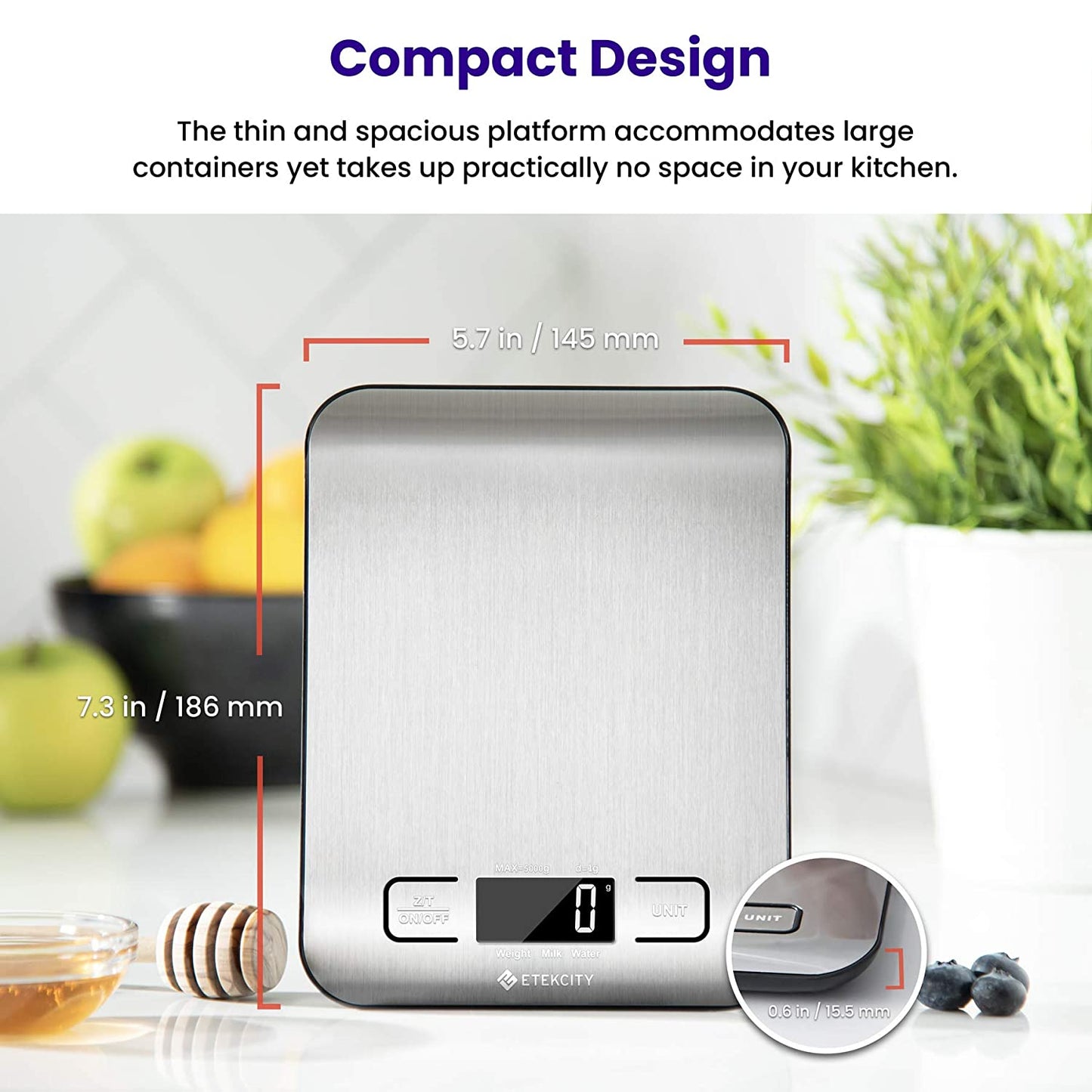 Food Kitchen Scale, Digital Grams and Ounces for Weight Loss, Baking, Cooking, Keto and Meal Prep, LCD Display, Medium, 304 Stainless Steel