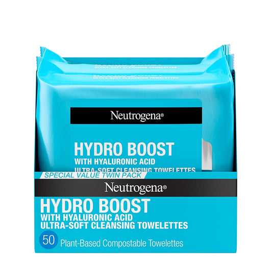 Hydro Boost Facial Cleansing Towelettes + Hyaluronic Acid, Hydrating Makeup Remover Face Wipes Remove Dirt & Waterproof Makeup, Hypoallergenic, 100% Plant-Based Cloth, 2 X 25 Ct