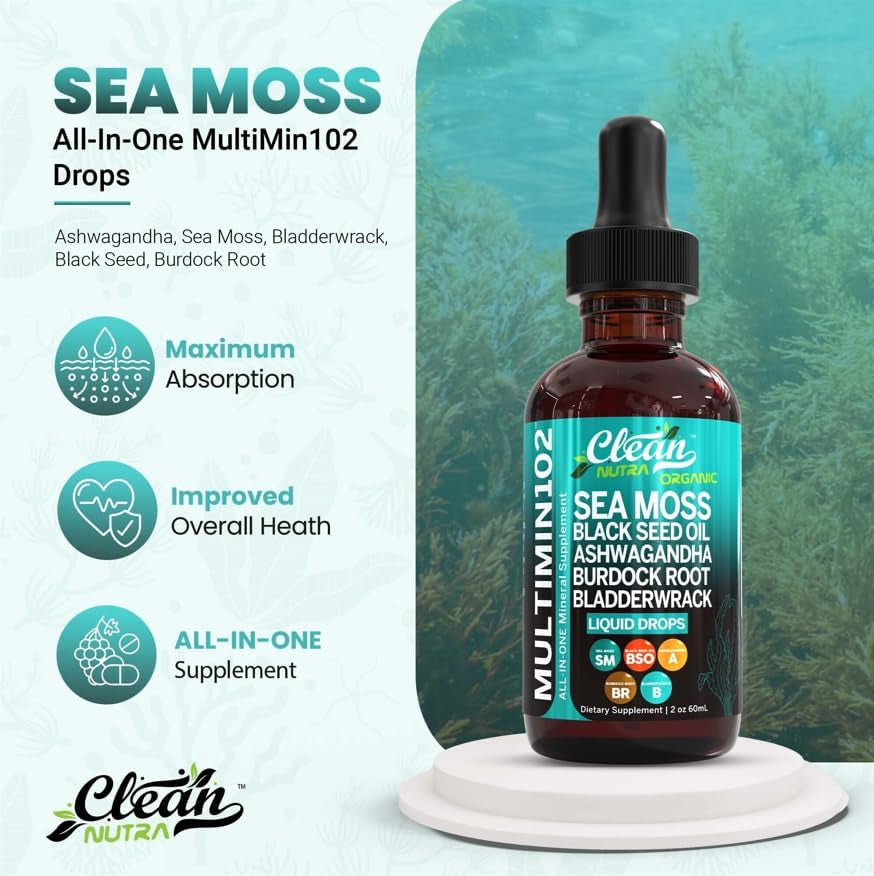 Sea Moss Liquid Drops Supplement with Black Seed Oil Ashwagandha Burdock Root & Bladderwrack - Multimineral Organic Non-Gmo Vegan for Gut Heath Skin Immune Support Hair