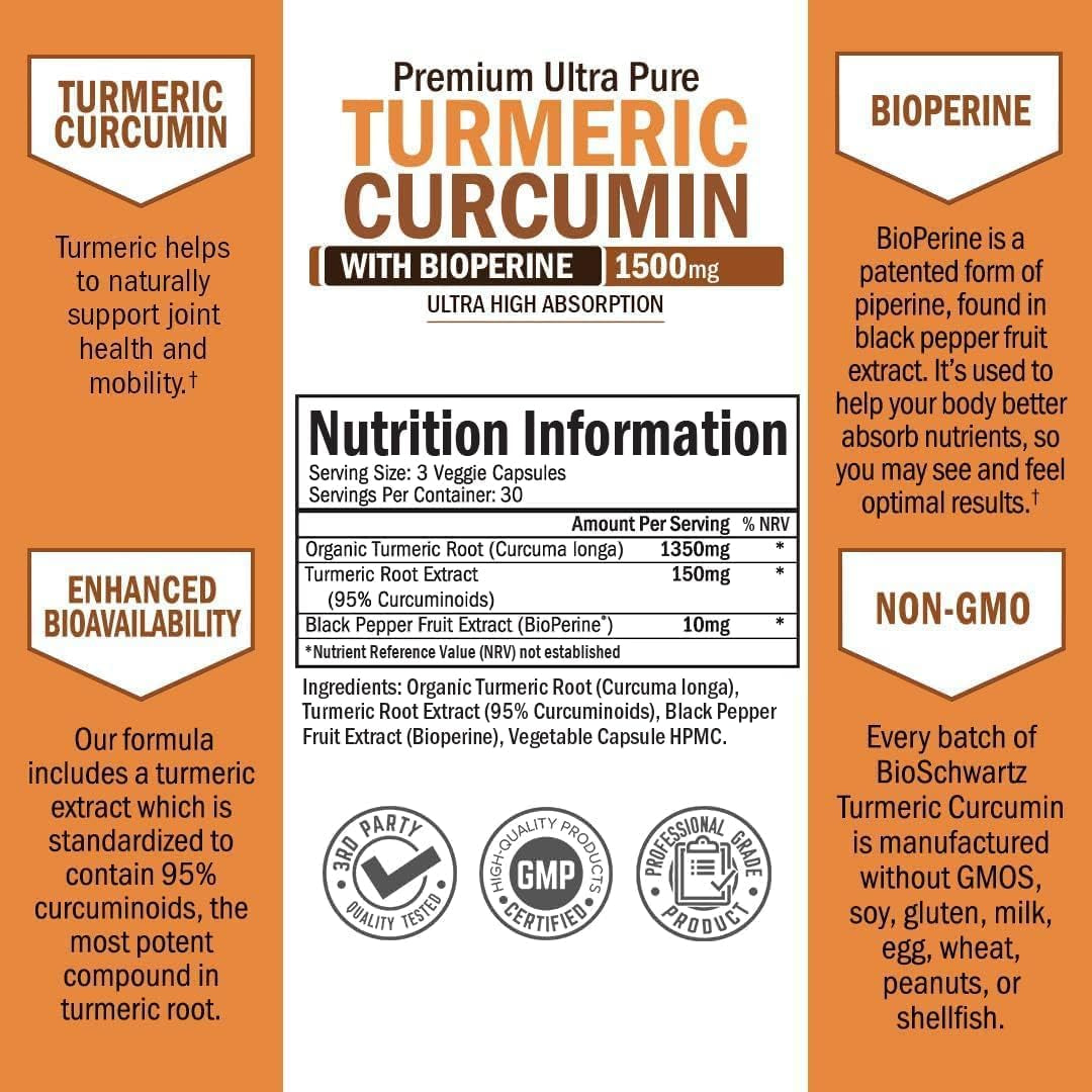 Turmeric Curcumin with Black Pepper Extract 1500Mg - High Absorption Ultra Potent Turmeric Supplement with 95% Curcuminoids and Bioperine - Non GMO Turmeric Capsules for Joint Support - 90 Capsules