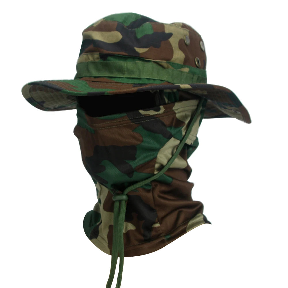 "Ultimate Camouflage Boonie Cap & Balaclava Set - Foldable, Soft, Wide-Brimmed Sun Protection for Outdoor Hunting & Fishing!"