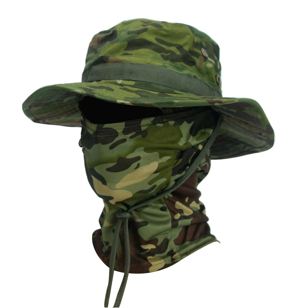 "Ultimate Camouflage Boonie Cap & Balaclava Set - Foldable, Soft, Wide-Brimmed Sun Protection for Outdoor Hunting & Fishing!"