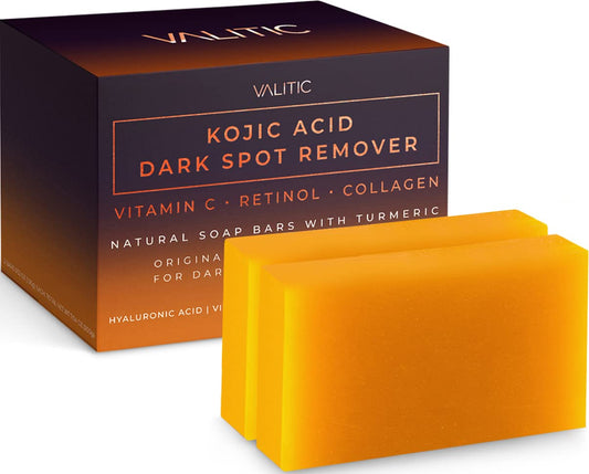 Kojic Acid Dark Spot Remover Soap Bars with Vitamin C, Retinol, Collagen, Turmeric - Original Japanese Complex Infused with Hyaluronic Acid, Vitamin E, Shea Butter, Castile Olive Oil (2 Pack)