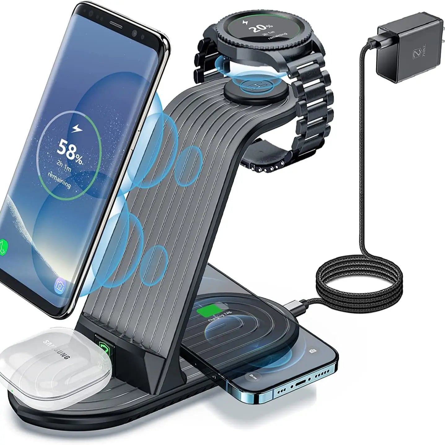 "ZHIKE 4-in-1 Wireless Charging Station - 20W Fast Charger for Galaxy Phone, Watch & Buds!"